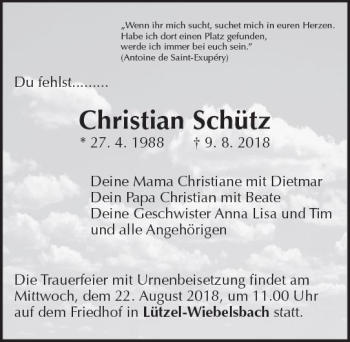 Traueranzeige von Christian Schütz von vrm-trauer