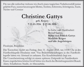Traueranzeige von Christine Gattys von vrm-trauer