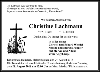 Traueranzeige von Christine Lachmann von VRM Trauer