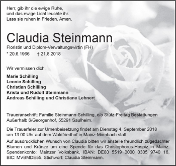 Traueranzeige von Claudia Steinmann von vrm-trauer