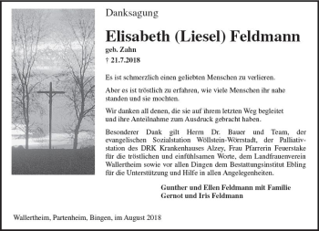 Traueranzeige von Elisabeth  Feldmann von vrm-trauer