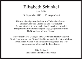 Traueranzeige von Elisabeth Schinkel von  Usinger Anzeiger