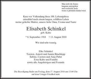 Traueranzeige von Elisabeth Schinkel von  Usinger Anzeiger