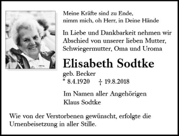 Traueranzeige von Elisabeth Sodtke von vrm-trauer