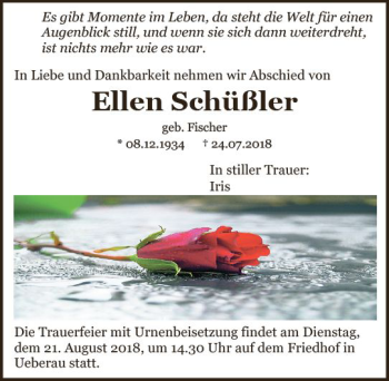 Traueranzeige von Ellen Schüßler von vrm-trauer