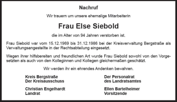 Traueranzeige von Else Siebold von vrm-trauer