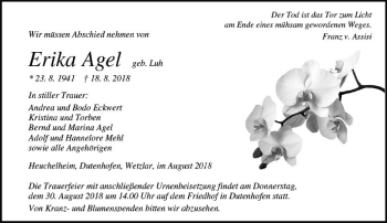 Traueranzeige von Erika Agel von  Gießener Anzeiger