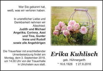 Traueranzeige von Erika Kuhlisch von VRM Trauer