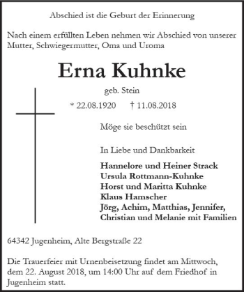 Traueranzeige von Erna Kuhnke von vrm-trauer
