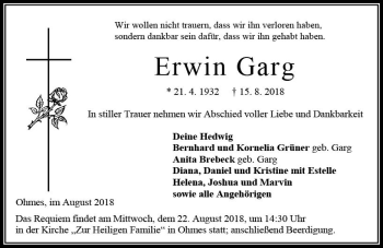 Traueranzeige von Erwin Garg von VRM Trauer