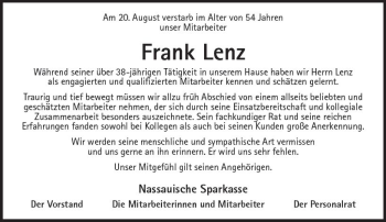 Traueranzeige von Frank Lenz von vrm-trauer