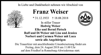 Traueranzeige von Franz Weiser von  Kreisanzeiger