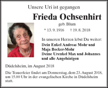 Traueranzeige von Frieda Ochsenhirt von  Kreisanzeiger
