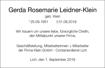 Traueranzeige von Gerda Rosemarie Leidner-Klein von  Gießener Anzeiger