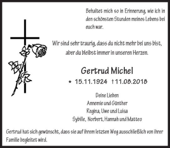 Traueranzeige von Gertrud Michel von  Kreisanzeiger