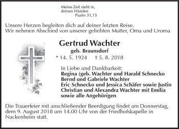 Traueranzeige von Gertrud Wachter von vrm-trauer