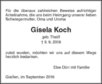 Traueranzeige von Gisela Koch von  Gießener Anzeiger