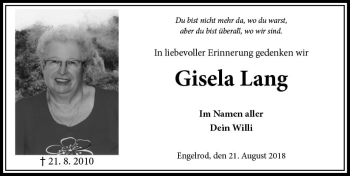 Traueranzeige von Gisela Lang von VRM Trauer