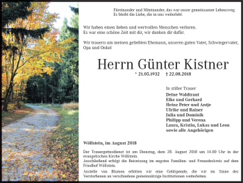 Traueranzeige von Günter Kistner von vrm-trauer