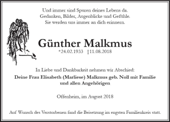 Traueranzeige von Günther Malkmus von vrm-trauer