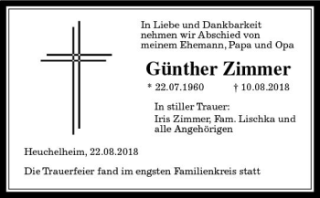 Traueranzeige von Günther Zimmer von  Gießener Anzeiger
