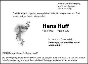 Traueranzeige von Hans Huff von vrm-trauer