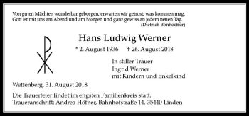 Traueranzeige von Hans Ludwig Werner von  Gießener Anzeiger