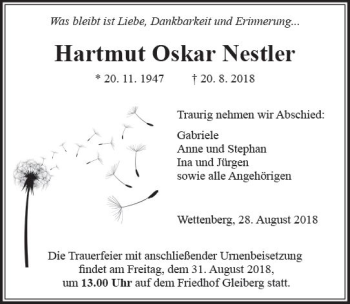 Traueranzeige von Hartmut Oskar Nestler von  Gießener Anzeiger