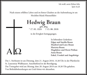 Traueranzeige von Hedwig Braun von vrm-trauer