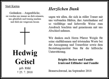 Traueranzeige von Hedwig Geisel von VRM Trauer
