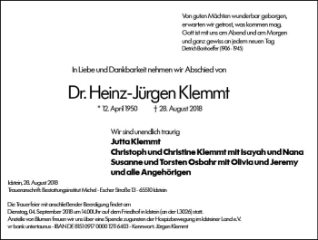 Traueranzeige von Heinz-Jürgen Klemmt von vrm-trauer
