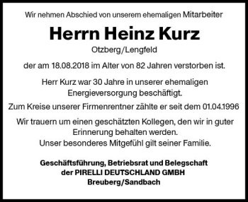 Traueranzeige von Heinz Kurz von vrm-trauer