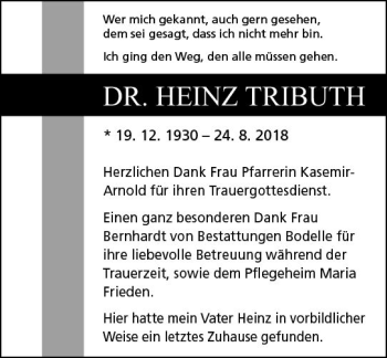 Traueranzeige von Heinz Tributh von  Gießener Anzeiger