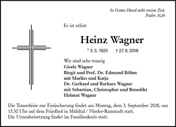 Traueranzeige von Heinz Wagner von vrm-trauer