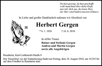 Traueranzeige von Herbert Gergen von vrm-trauer