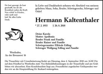 Traueranzeige von Hermann Kaltenthaler von vrm-trauer