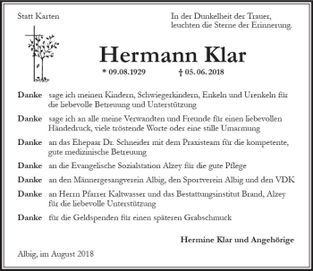 Traueranzeige von Hermann Klar von vrm-trauer