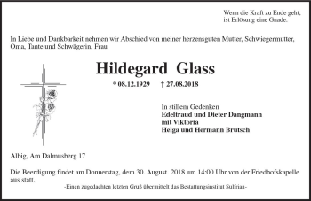 Traueranzeige von Hildegard Glass von vrm-trauer