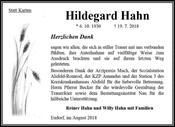 Traueranzeige von Hildegard Hahn von VRM Trauer