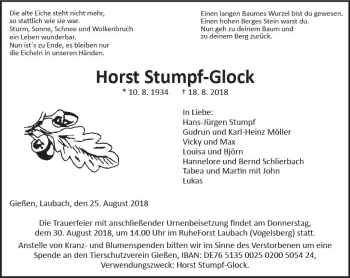 Traueranzeige von Horst Stumpf-Glock von  Gießener Anzeiger
