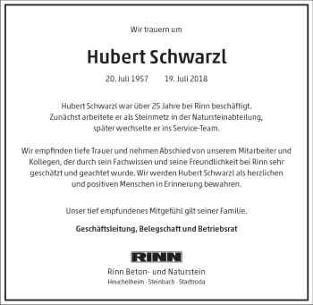 Traueranzeige von Hubert Schwarzl von  Gießener Anzeiger