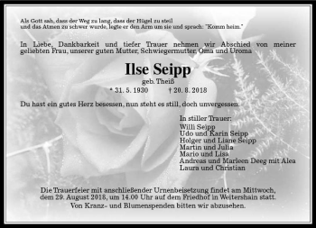 Traueranzeige von Ilse Seipp von  Gießener Anzeiger