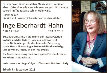 Traueranzeige von Inge Eberhardt-Hahn von  Usinger Anzeiger