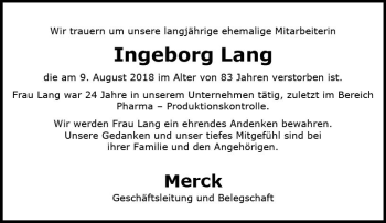 Traueranzeige von Ingeborg Lang von vrm-trauer