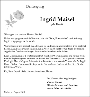 Traueranzeige von Ingrid Maisel von vrm-trauer