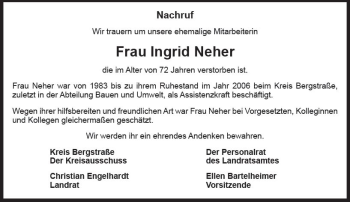 Traueranzeige von Ingrid Neher von vrm-trauer