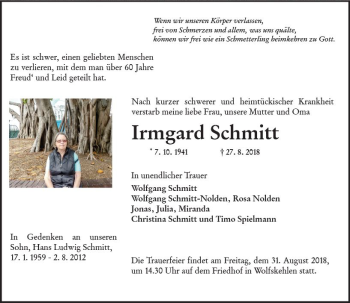 Traueranzeige von Irmgard Schmitt von vrm-trauer