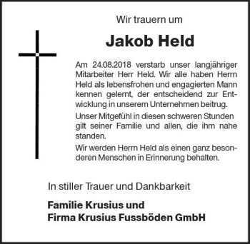 Traueranzeige von Jakob Held von vrm-trauer