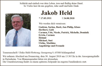 Traueranzeige von Jakob Held von vrm-trauer