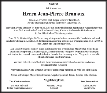 Traueranzeige von Jean-Pierre Brunaux von VRM Trauer